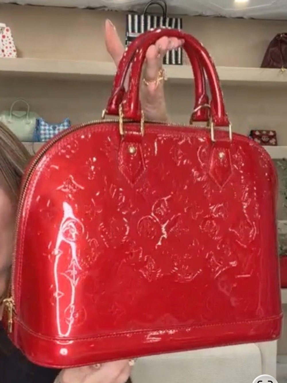 Louis Vuitton Red Vernis Alma Satchel with Gold Hardware - Picture 5 of 15